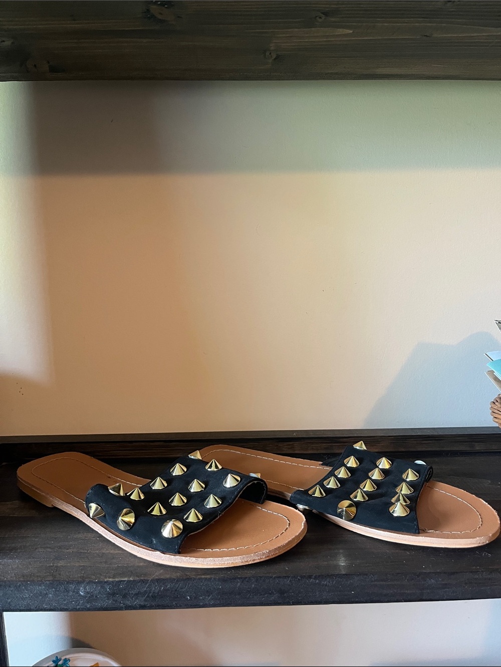 Forever 21 Black Slide Sandals with Gold Studs